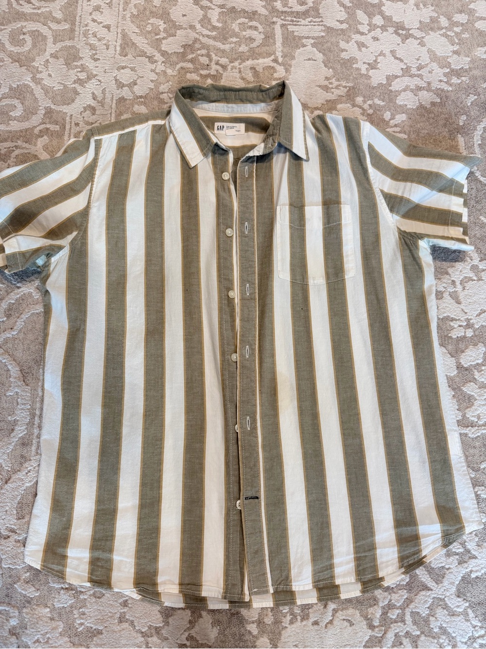 GAP Men’s Short-Sleeve Vertical Stripe Shirt - Olive Green & Cream